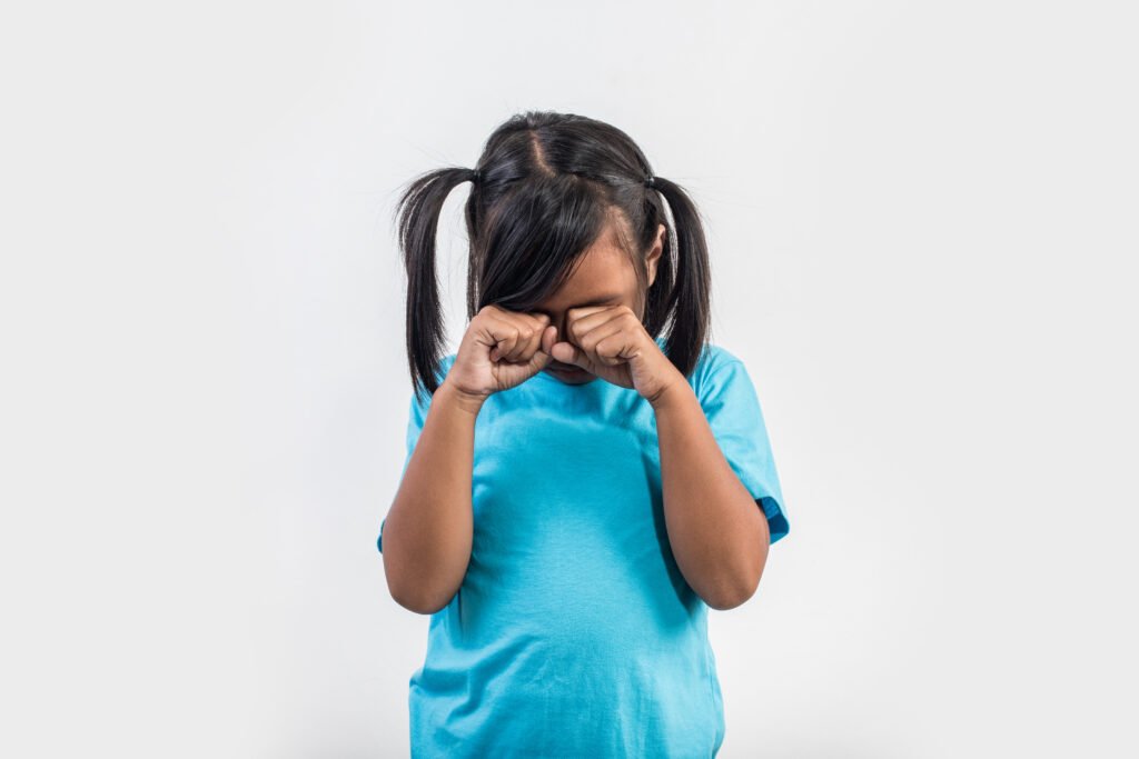 little girl sad crying in studio shot